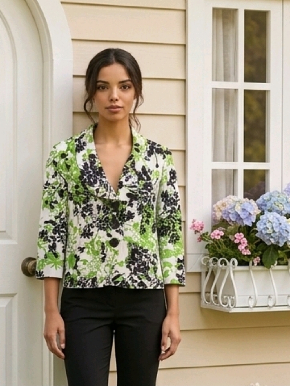 Trenz Green & Black Floral Cropped Jacket PM